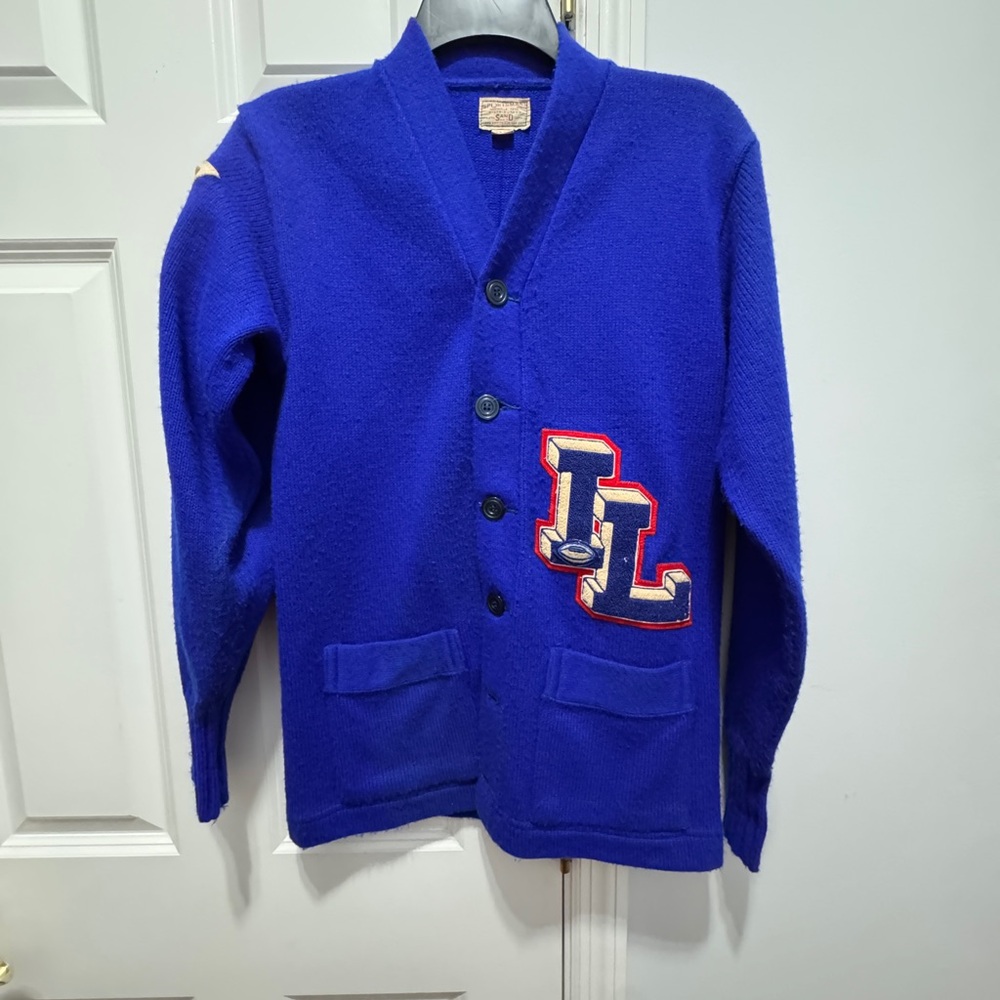 Sand knit mills vintage Blue and Red Cardigan Sweater collegiate clinic bowl